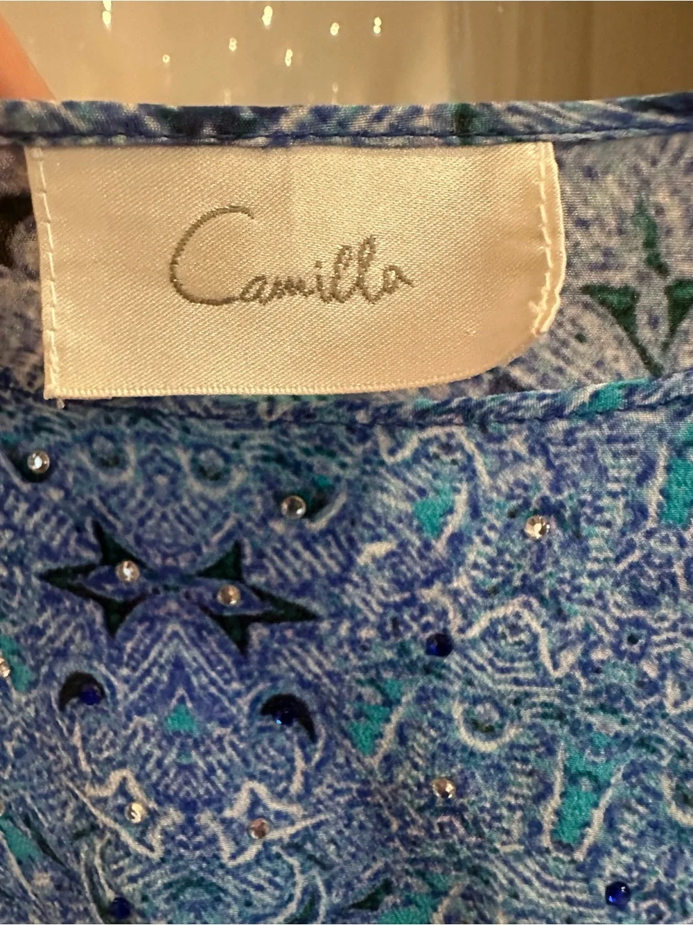 Camilla Blue Paisley kaftan 100% silk with Swarovski beads. Celebrity worn